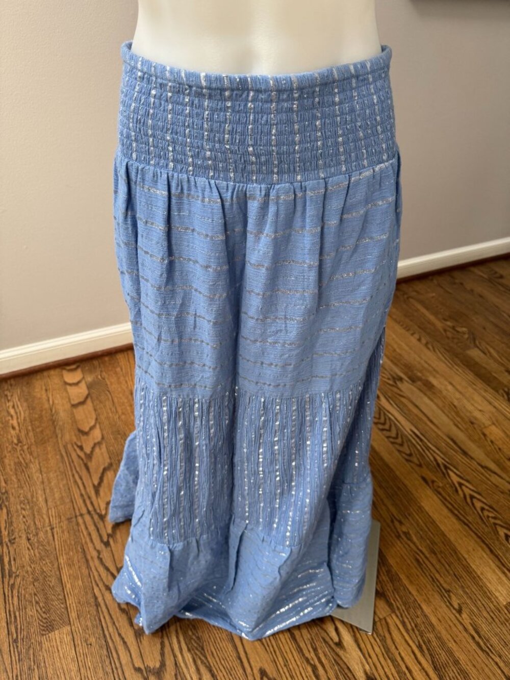 BINDU Cotton Smocked Metallic Silver Stripe Maxi Skirt Blue Small